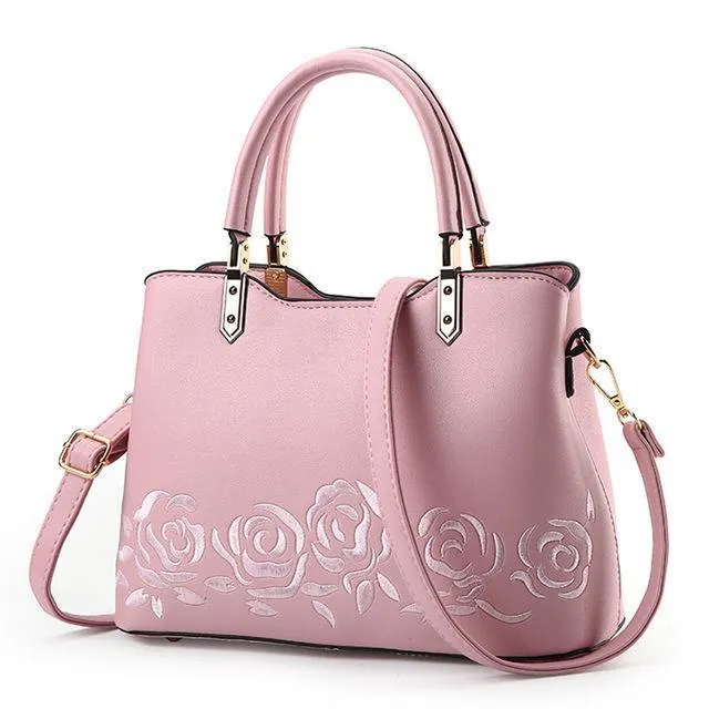 Women Premium Quality Faux-Leather Tote Messenger Crossbody Bag with Flower Embroidery