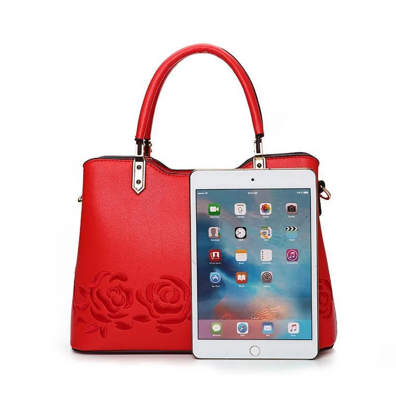 Women Premium Quality Faux-Leather Tote Messenger Crossbody Bag with Flower Embroidery