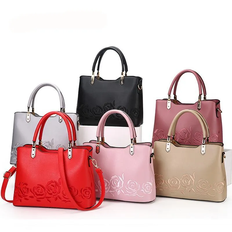 Women Premium Quality Faux-Leather Tote Messenger Crossbody Bag with Flower Embroidery
