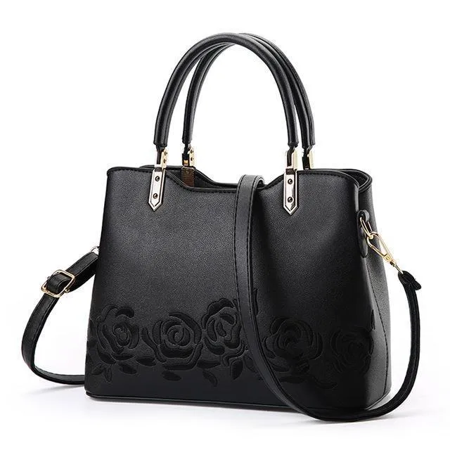 Women Premium Quality Faux-Leather Tote Messenger Crossbody Bag with Flower Embroidery