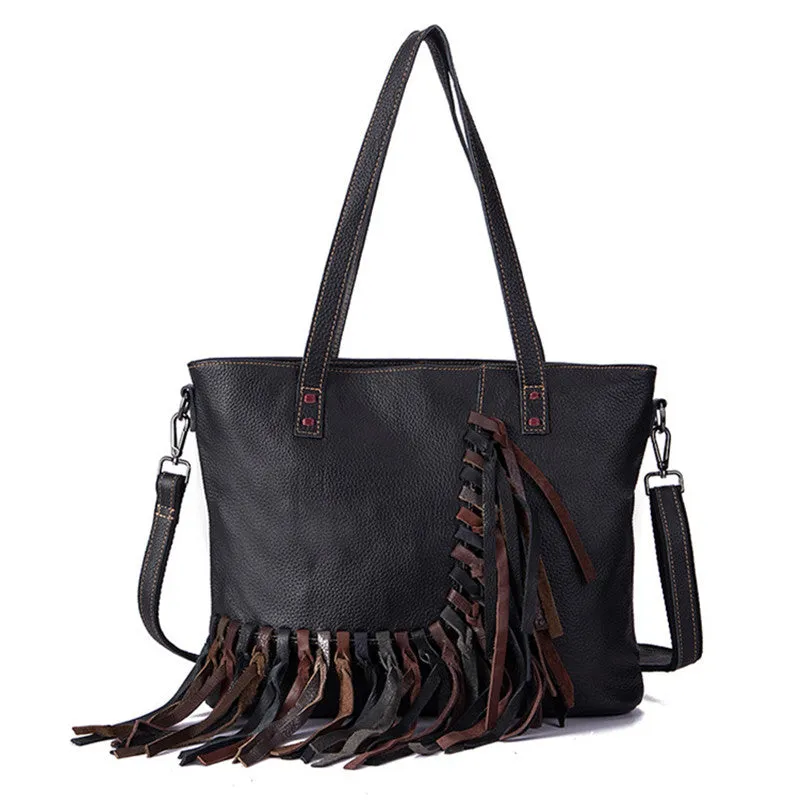 Women's Hobo Leather Fringe Handbags Purse Tote Bag With Zipper for Women