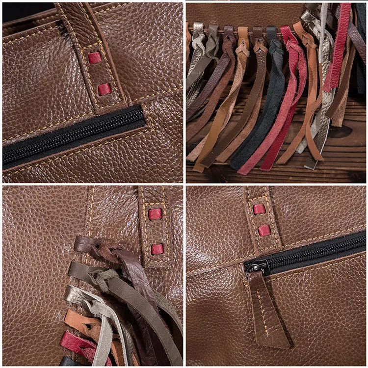 Women's Hobo Leather Fringe Handbags Purse Tote Bag With Zipper for Women