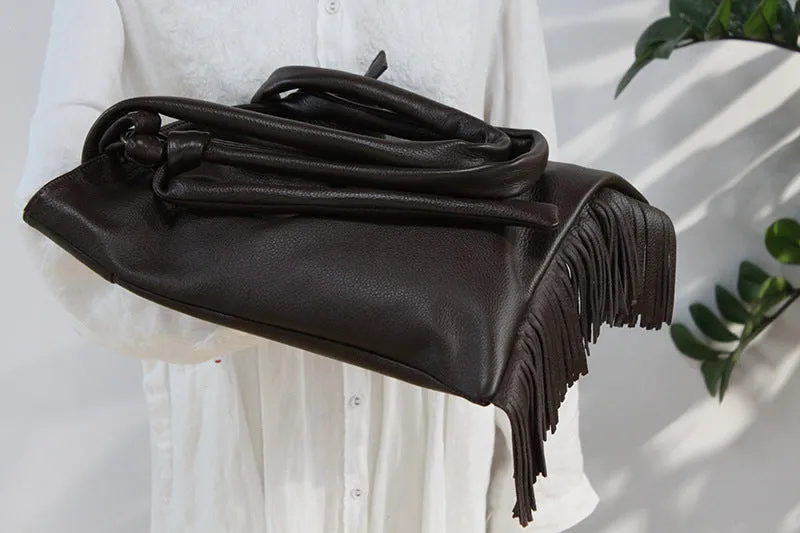 Womens Soft Leather Tote Handbags With Fringe Cross Shoulder Bag for Women