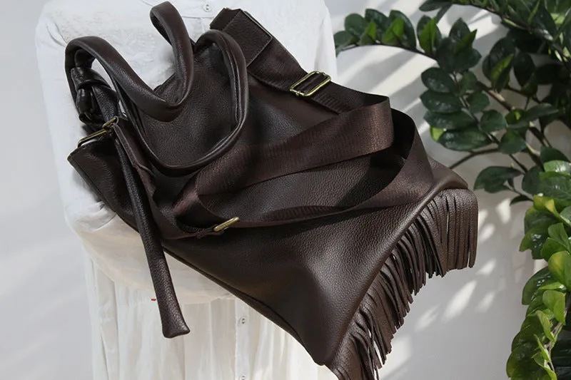 Womens Soft Leather Tote Handbags With Fringe Cross Shoulder Bag for Women