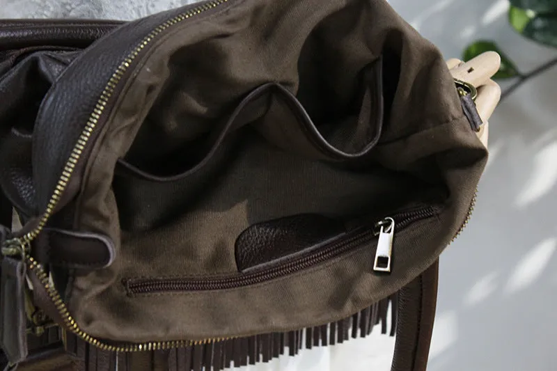 Womens Soft Leather Tote Handbags With Fringe Cross Shoulder Bag for Women