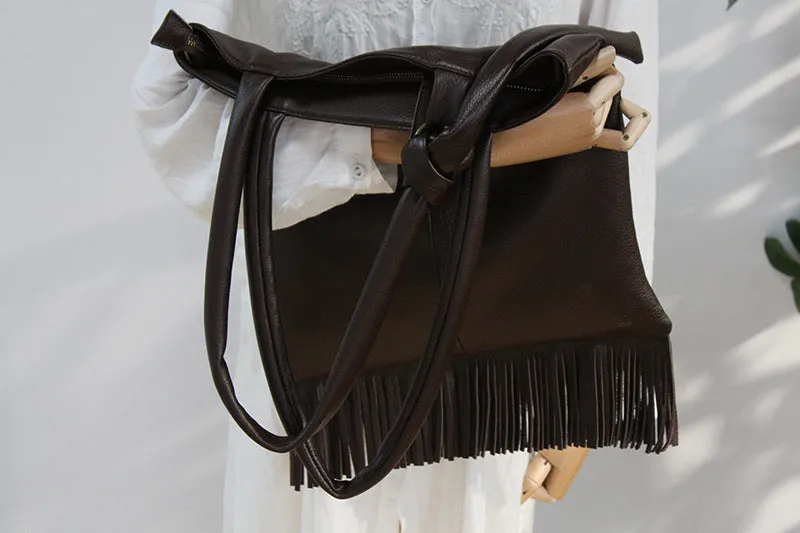 Womens Soft Leather Tote Handbags With Fringe Cross Shoulder Bag for Women