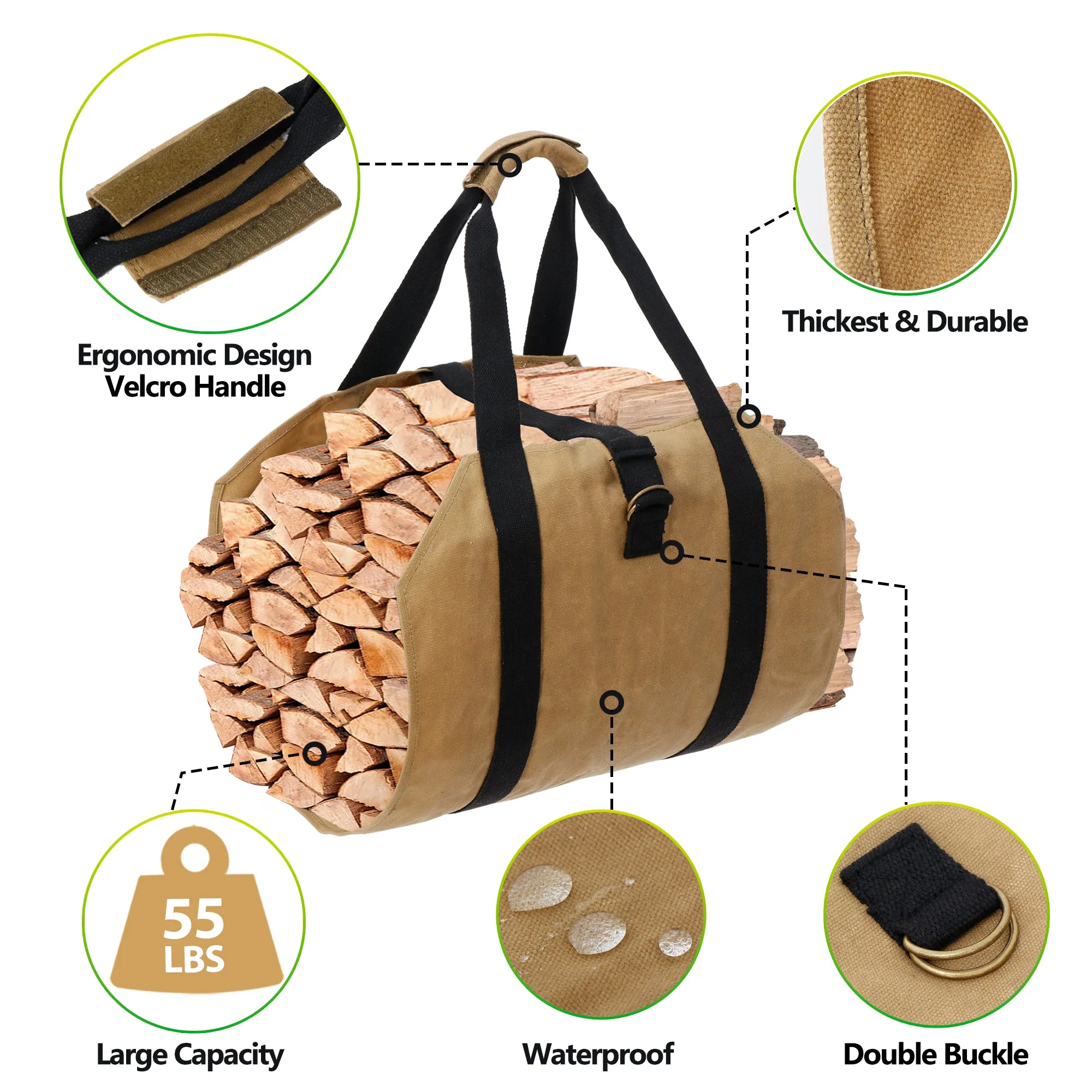 ZENY™ Log Carrier Bag Firewood Holder with Handles Fireplace Wood Bag Canvas Firewood Tote Bag