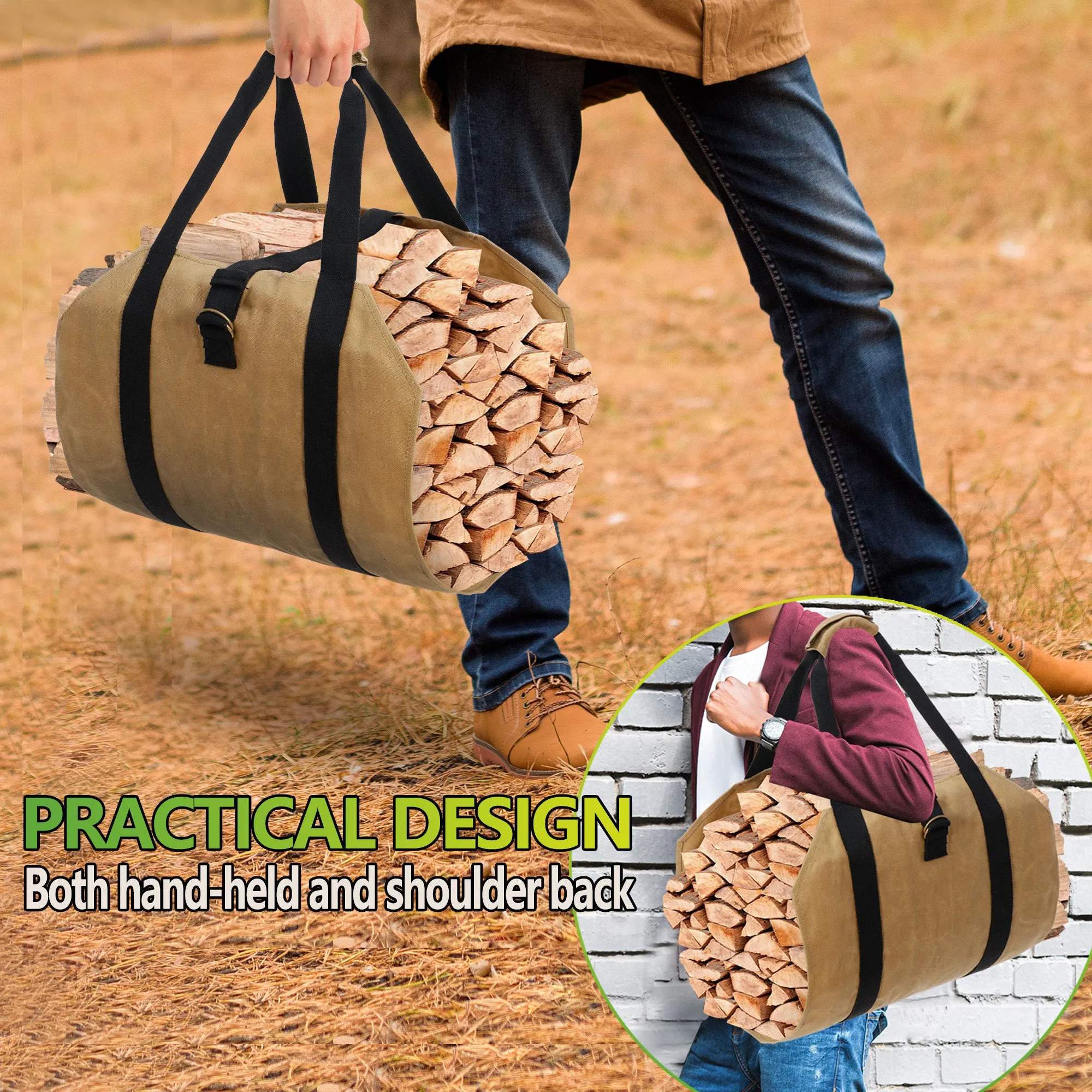 ZENY™ Log Carrier Bag Firewood Holder with Handles Fireplace Wood Bag Canvas Firewood Tote Bag