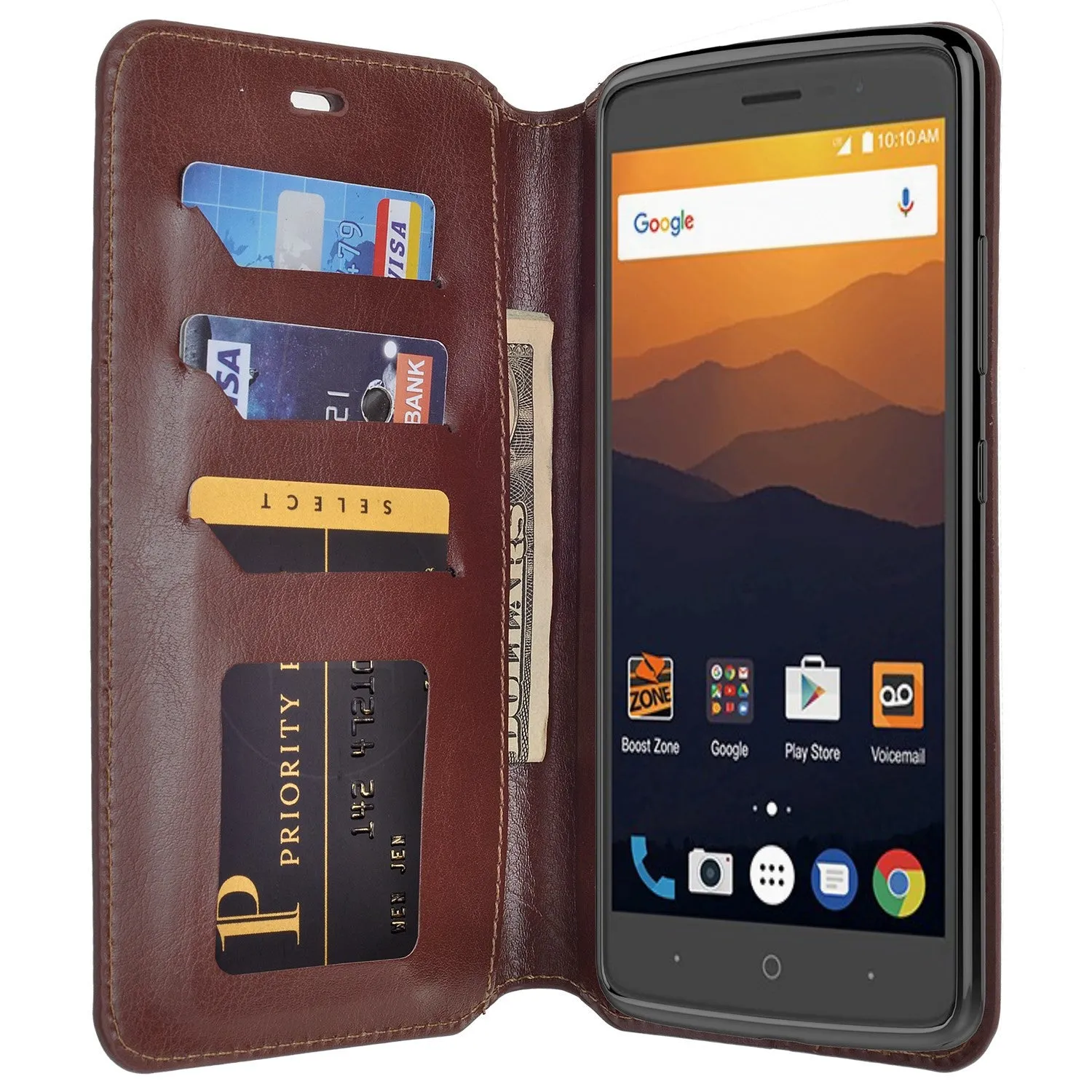 ZTE Max XL, ZTE Blade Max 3, ZTE Max Blue Case, Pu Leather Magnetic Fold[Kickstand] Wallet Cover with Card Slots - Brown